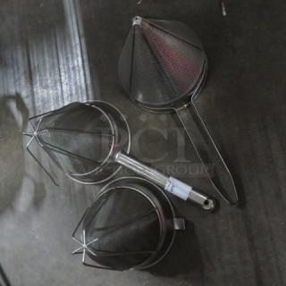 Assorted cone strainers set, featuring mesh design and metal handles, shown in good condition. Tag reads "3XBID."