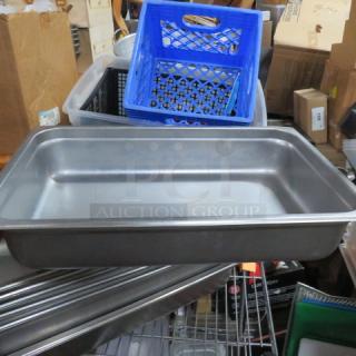 Full-size 4-inch deep hotel pan, metal, used but in good condition, ideal for catering or food service.