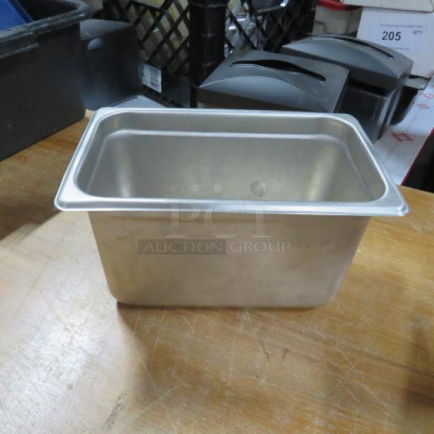 1/4 size, 6-inch deep hotel pan, stainless steel, used condition, suitable for commercial kitchen use.
