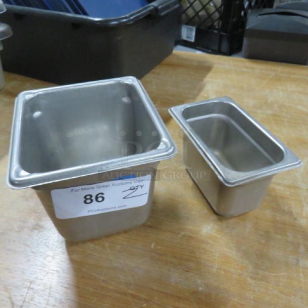 Assorted size hotel pans, stainless steel, two sizes side-by-side, auction tag 86, used condition, durable build.