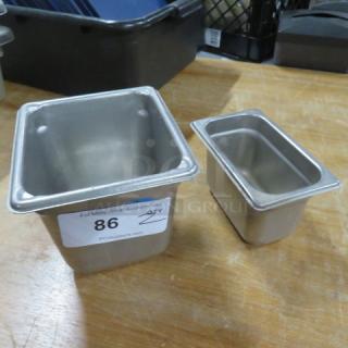 Assorted size hotel pans, stainless steel, two sizes side-by-side, auction tag 86, used condition, durable build.
