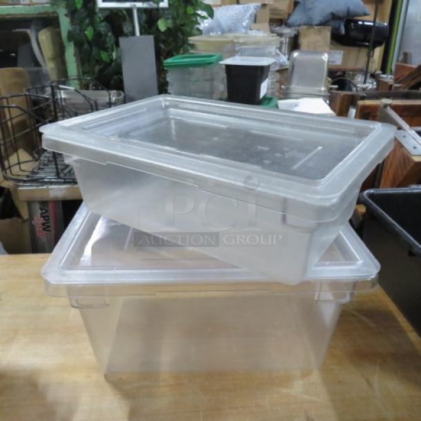 Assorted size food storage containers with lids, clear plastic, stackable design. Ideal for organizing kitchen supplies.