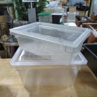 Assorted size food storage containers with lids, clear plastic, stackable design. Ideal for organizing kitchen supplies.