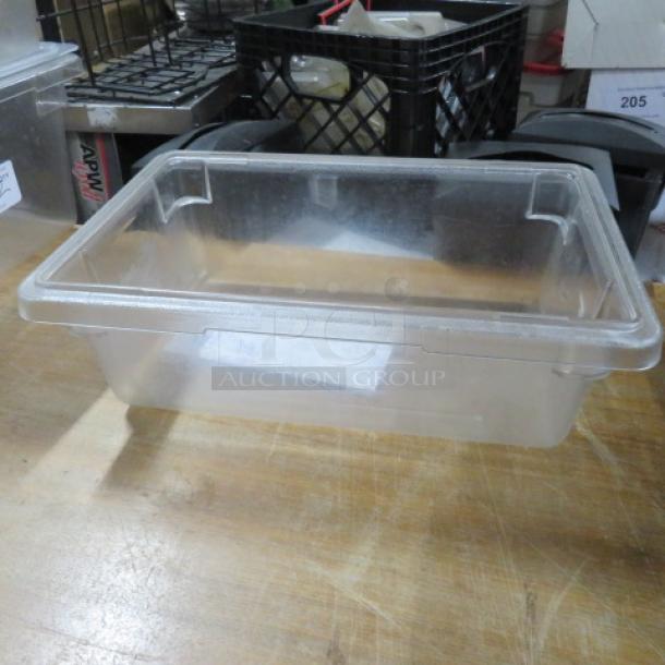 3-gallon clear plastic food storage container, rectangular shape, gently used condition, visible stacking design.