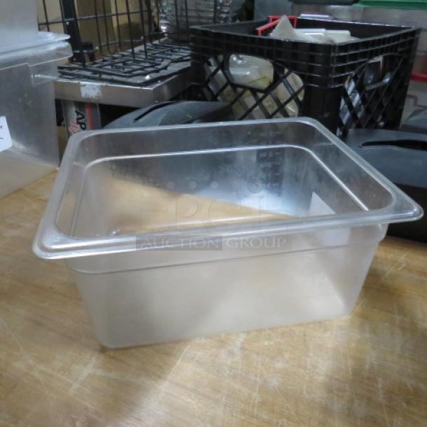 1/2 Size 6 Inch Deep Food Storage Container, clear plastic, ideal for commercial kitchens, lightly used condition. 5XBID marking.