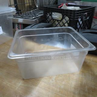 1/2 Size 6 Inch Deep Food Storage Container, clear plastic, ideal for commercial kitchens, lightly used condition. 5XBID marking.
