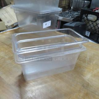 1/3 size, 6-inch deep food storage container, transparent plastic, good condition, clear sides for easy content viewing.