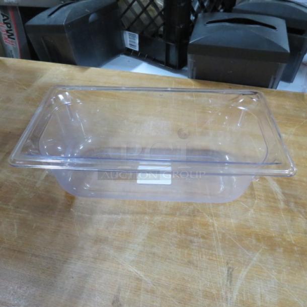 New 1/3 size food storage container, 4 inches deep, clear plastic, ideal for commercial kitchens, model 4XBID.