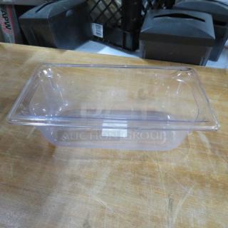 New 1/3 size food storage container, 4 inches deep, clear plastic, ideal for commercial kitchens, model 4XBID.