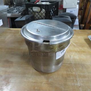 Vollrath Stainless Steel Inset #78148 with hinged lid, used condition, visible wear.