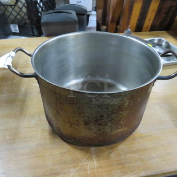 Vigor 12Qt stainless steel stock pot, model POT12, with visible wear and sturdy handles.