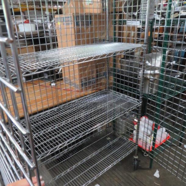Metro liquor cage with three wire shelves, casters, and dimensions 48x18x70 inches. Used, sturdy, and secure.