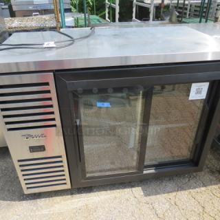 True 2 Door Back Bar Cooler, Model TBR48-RRISZ1-L-S-11-1, includes 2 racks. Dimensions: 48x25x37 inches. 115 Volt.