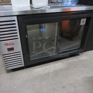 True 2 Door Back Bar Cooler, Model TBR48, with 4 racks, 48x25x37 inches, 115V, stainless steel finish, excellent condition.