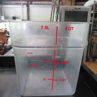 Clear 8 Qt food storage container with red measurement markings; shows quarts and liters. Used condition.