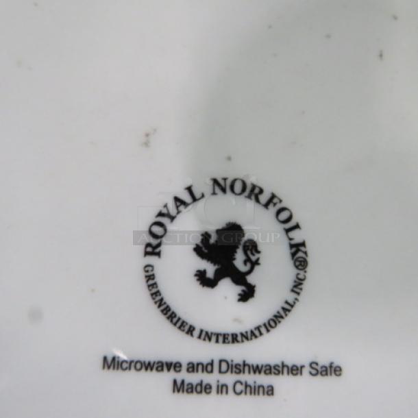 10.5-inch Royal Norfolk plate by Royal Handon, marked as microwave and dishwasher safe, made in China.