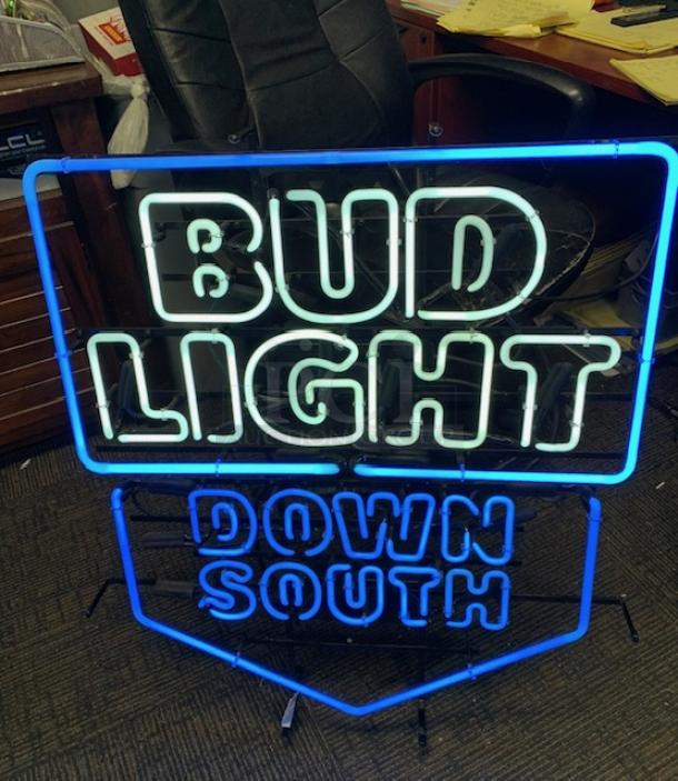 Working Bud Light Down South neon sign, featuring blue and white neon lights. Excellent condition, ideal for collectors.