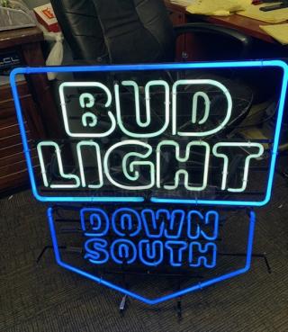Working Bud Light Down South neon sign, featuring blue and white neon lights. Excellent condition, ideal for collectors.