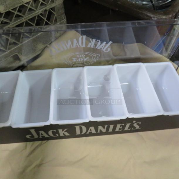 NEW Jack Daniels domed bar center with a clear top, five white compartments, and branded exterior.