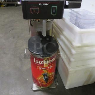 Bunn TB3Q Tea Brewer with Satellite, 120V, 12x23x34.5 inches, clear markings, used, includes Luzianne Iced Tea container.