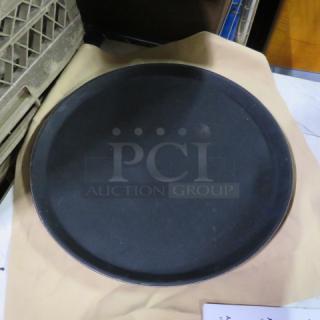 16-inch waitress tray, round, black, used condition. Ideal for serving in restaurants or cafes. Marked 3XBID.