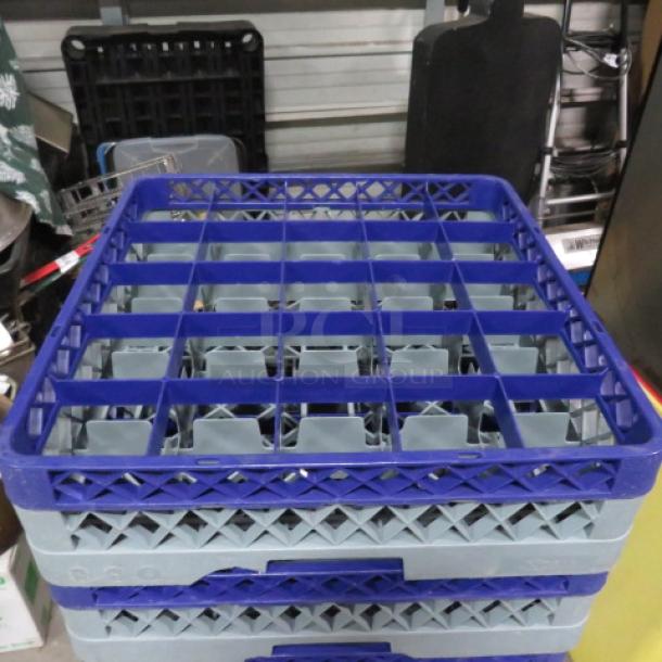 25 Hole Blue/Gray Dishwasher Rack, model 4XBID, in excellent condition. Features durable plastic grid design for secure dish placement.