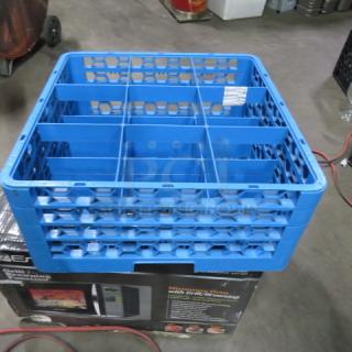 Blue deep dishwasher rack with 9 compartments. Sturdy plastic construction, in good condition, suitable for commercial use.