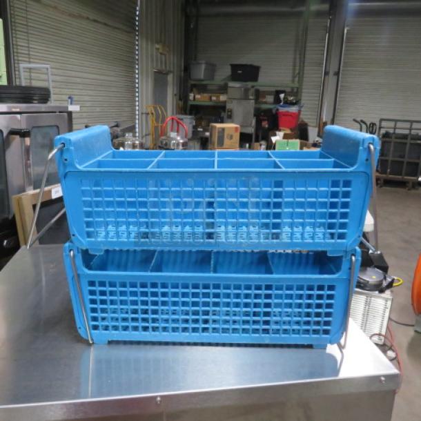 Blue flatware dishwasher rack, model 2XBID. Stackable design, multiple compartments, excellent condition for commercial use.