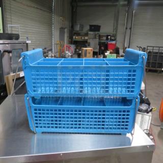 Blue flatware dishwasher rack, model 2XBID. Stackable design, multiple compartments, excellent condition for commercial use.