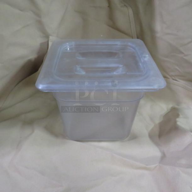 1/6 Size 6-inch deep food storage container with lid, translucent, lightly used condition, no visible markings.