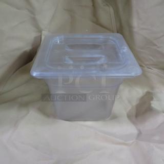 1/6 Size 6-inch deep food storage container with lid, translucent, lightly used condition, no visible markings.