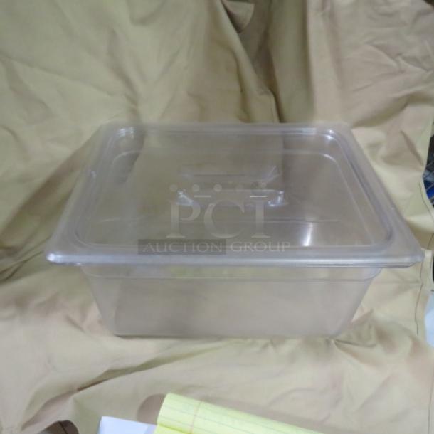 1/2 Size 6 Inch Deep Food Storage Container with Lid. Clear plastic, durable, good condition, model 2XBID.