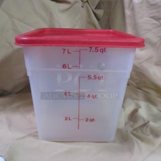 8 Quart food storage container with red lid, clear plastic with measurement markings in liters and quarts, used.