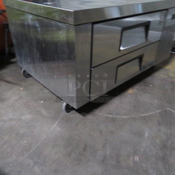 True Chef Base TRCB-48, stainless steel, two drawers, on casters, 48x32x25.5 inches, 115V, excellent condition.