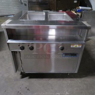 Randell Custom 2 Well Steam Table with 1 Door Potato Warmer, Model 31330, on casters. Size: 36.5"x35"x34.5". Condition: Untested.