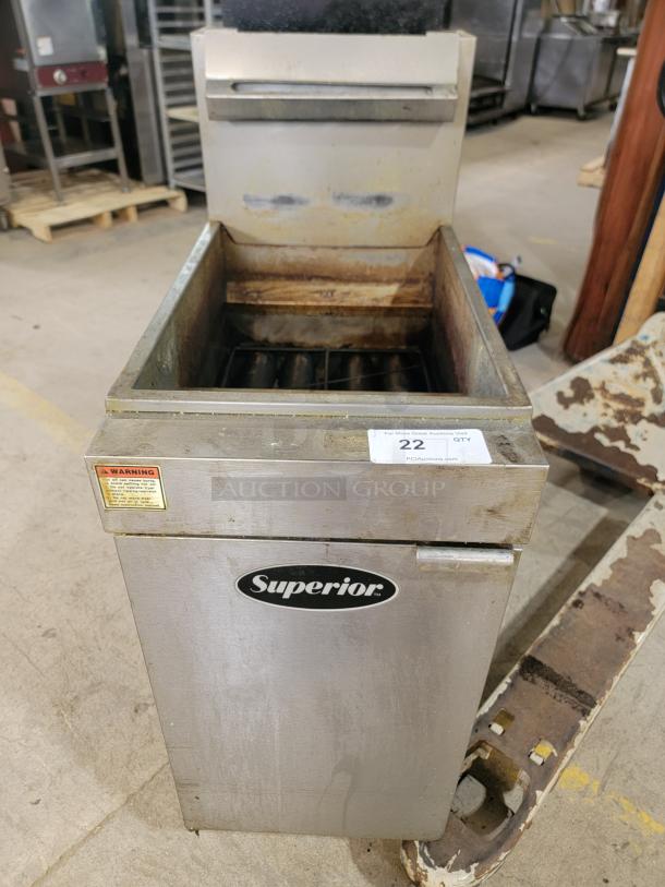 Superior LG400 gas fryer, 40lb capacity. Stainless steel, visible wear, warning label, perfect for professional use.