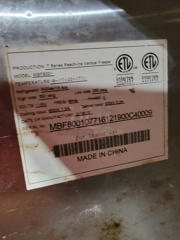 Atosa MBF8001GR Commercial Freezer label showing model and specifications. For parts/repair. Made in China.