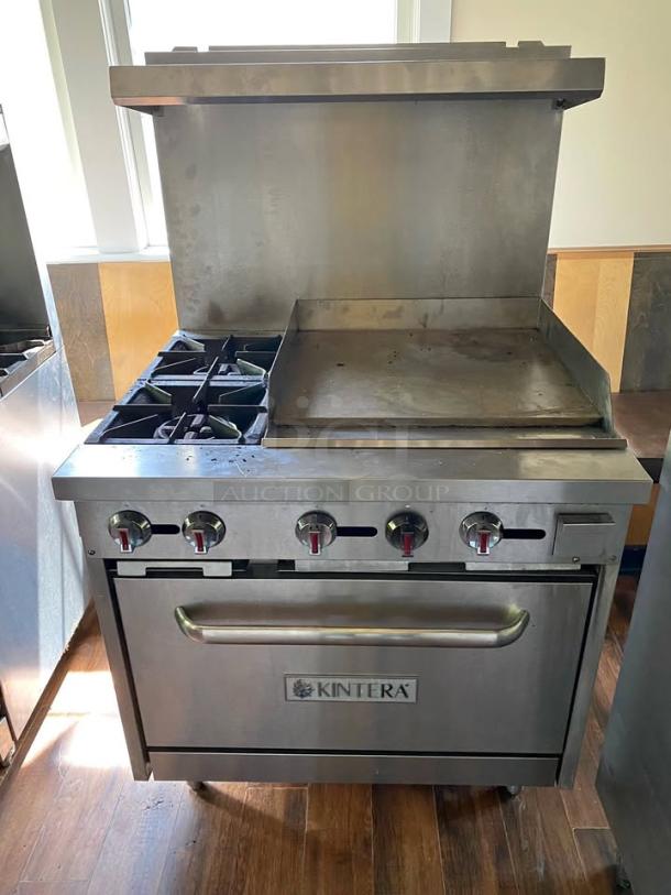 Kintera K2G24 commercial gas range with 2 burners, 24" griddle, and full-size oven. Stainless steel, ideal for high-demand kitchens.