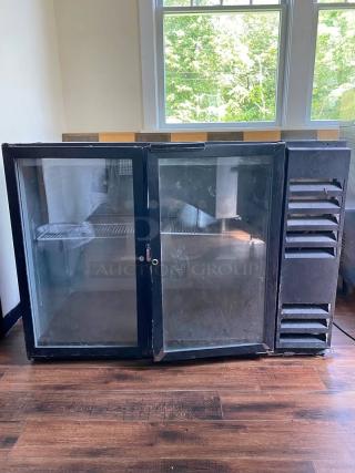 Beverage-Air BB48G commercial back bar cooler, black with two glass doors, ideal for chilling beverages, visible wear.