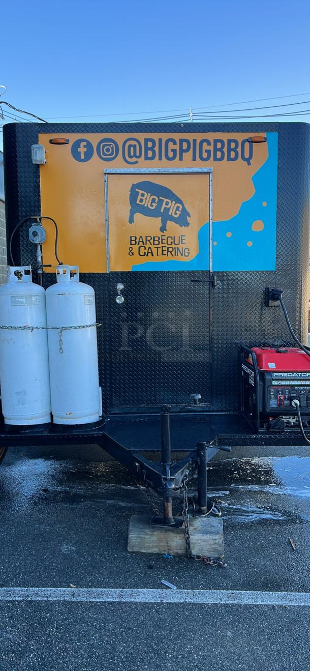 2014 Quality Trailers mobile kitchen, 20' x 8'5", with Predator 8750W generator, BBQ branding, in excellent working condition.