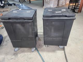 Carlisle 175lb mobile ice caddie, black, on wheels, sturdy condition, ideal for catering and events.