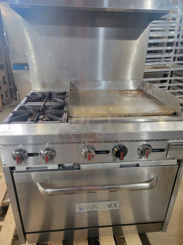 Kintera K2G24 commercial gas range with 2 burners, 24" griddle, and full-size oven. Ideal for busy kitchens.