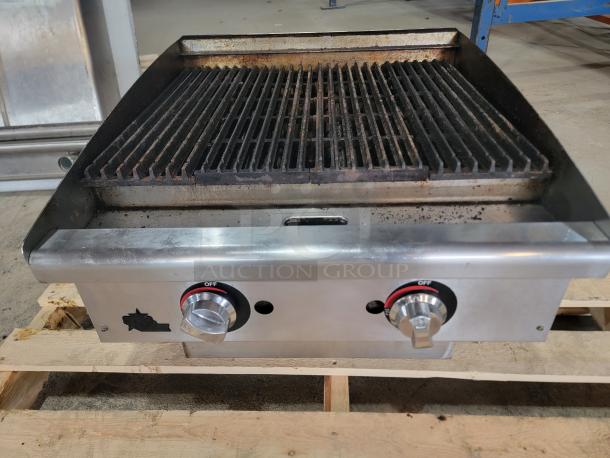 Star-Max 6136RCBF 24" Radiant Gas Charbroiler, stainless steel, used condition, dual burners, pilot knobs, on a wooden pallet.