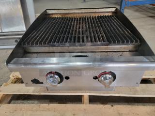 Star-Max 6136RCBF 24" Radiant Gas Charbroiler, stainless steel, used condition, dual burners, pilot knobs, on a wooden pallet.