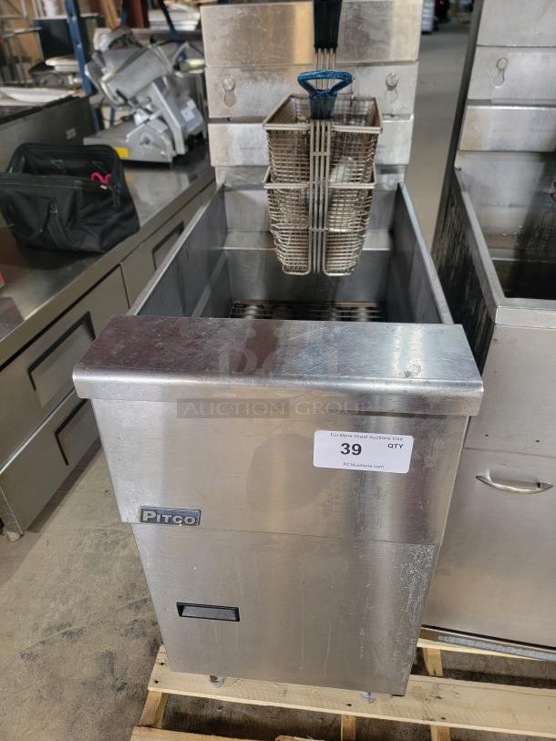 Pitco Frialator SG14 commercial gas deep fryer with LP gas. Stainless steel, includes fry baskets, durable and efficient.