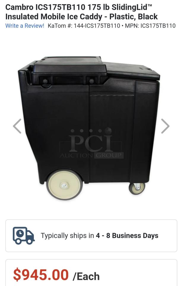 Black Carlisle 175lb mobile ice caddy with sliding lid, durable plastic construction, large wheels for easy transport.