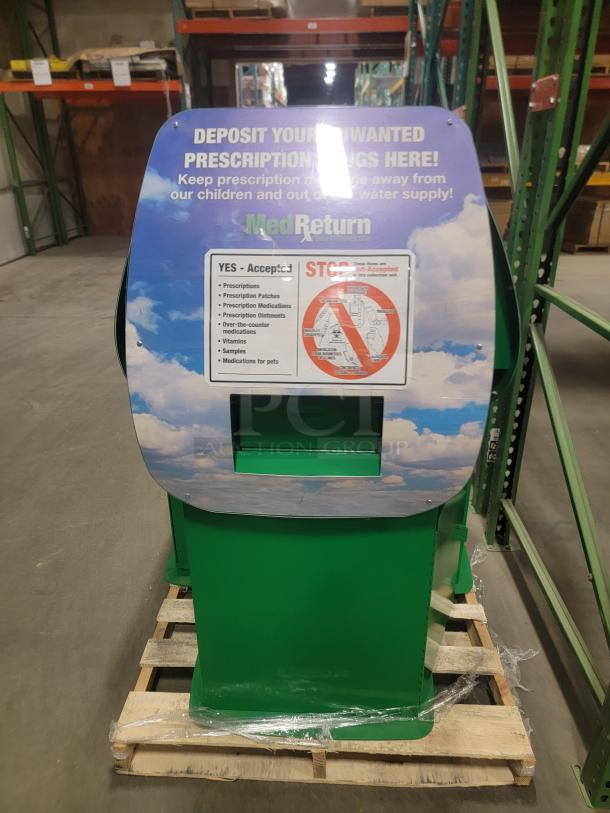 MedReturn secure drop-off bin, green, for confidential documents and electronics. Label indicates accepted items. Ideal for businesses.