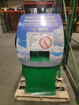 MedReturn secure drop-off bin, green, for confidential documents and electronics. Label indicates accepted items. Ideal for businesses.