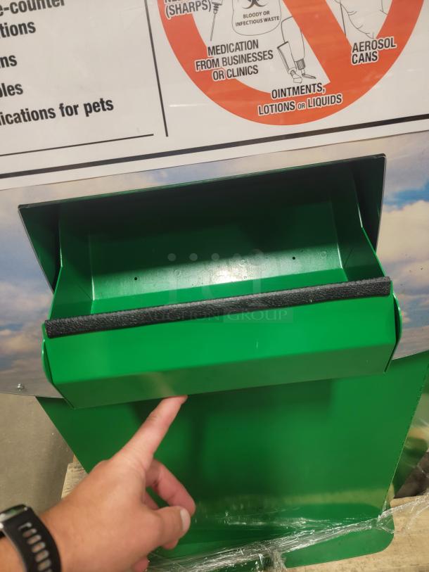 Secure green MedReturn drop-off kiosk for document shredding, data device recycling, and asset disposal. Durable and practical.