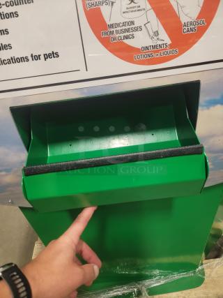 Secure green MedReturn drop-off kiosk for document shredding, data device recycling, and asset disposal. Durable and practical.